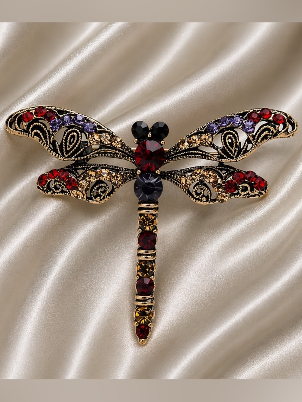 Dragonfly Red Crystal Gold Brooch